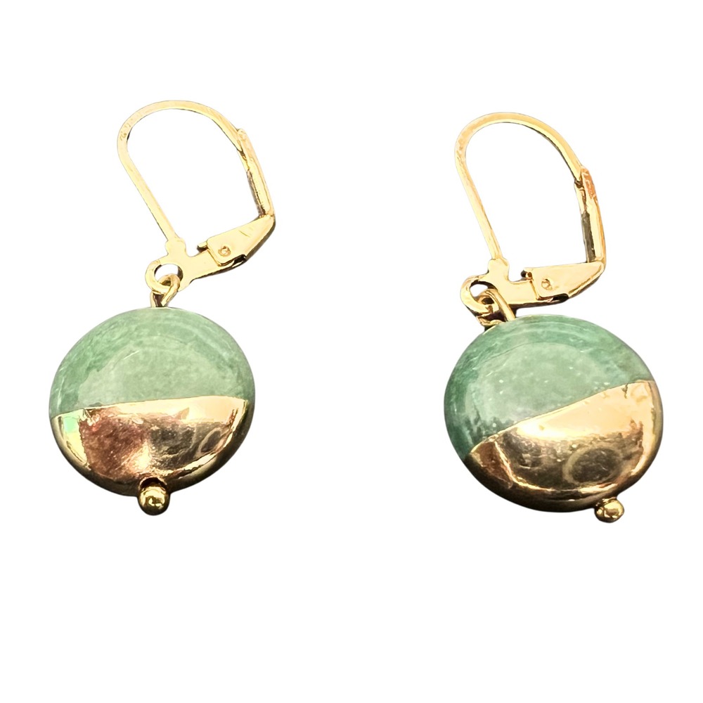 Green Jade Gold Tone Leverback Drop Earrings Round Color Block Dangle Jewelry